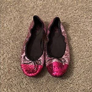 Pink Sparkly Flat Shoes with a Black Bow Size 8.5